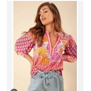 Hale Bob Martina Voile Pink Floral Cotton Split Neck Blouse Top Shirt Women's XS